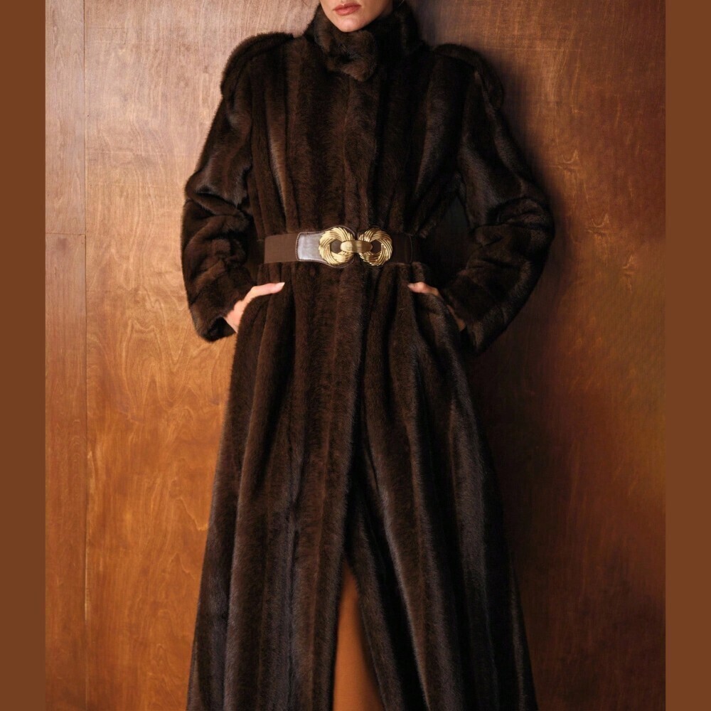 Dark Brown Faux Fur Long Coat with Jeweled Buttons